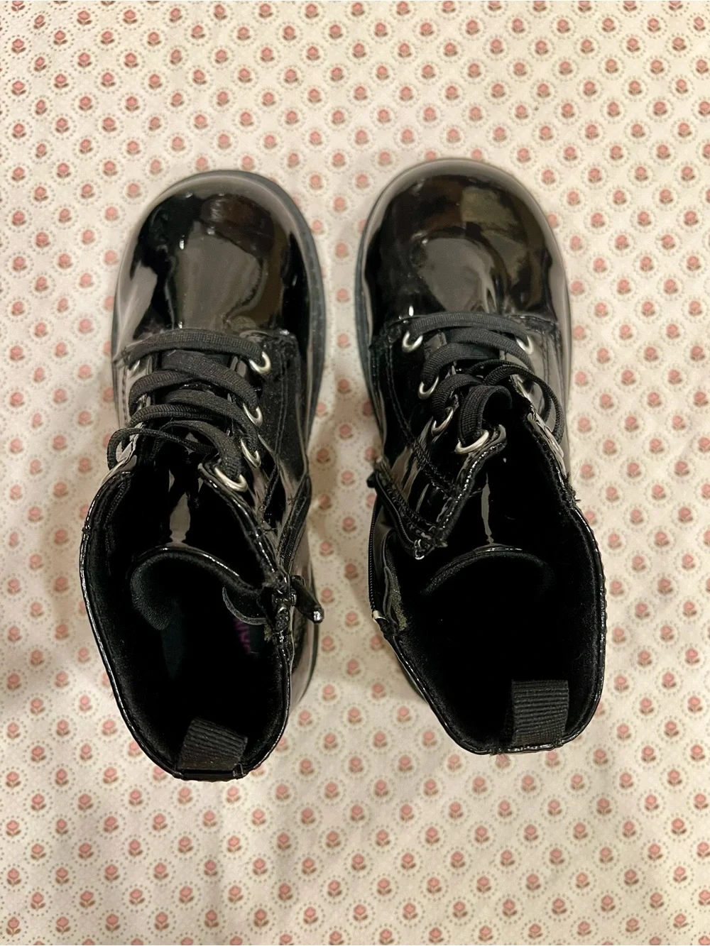 Harper Canyon Girl Black Patent Lace-Up Ankle Boots with Star & Heart Patches